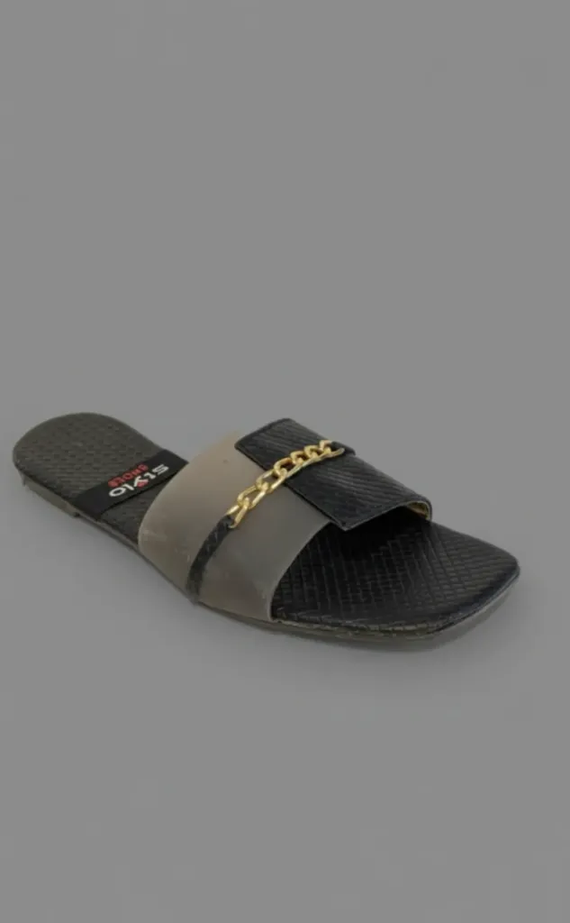 Black Textured Flat Slides with Gold Chain