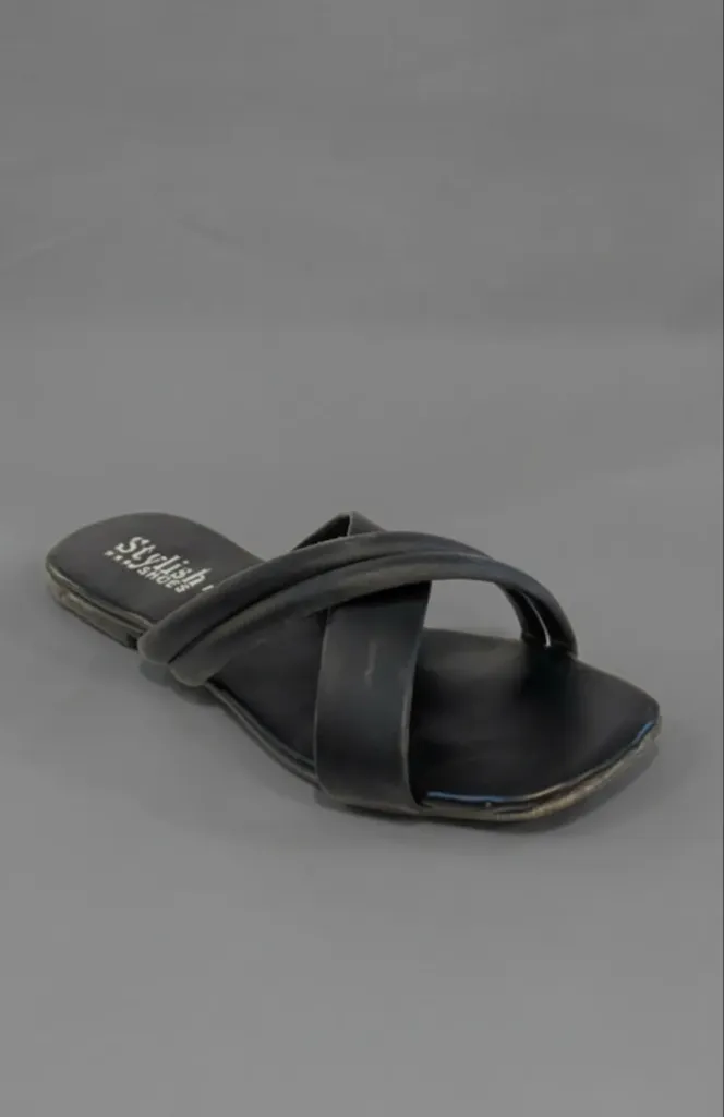 Black Cross-Strap Flat Slides