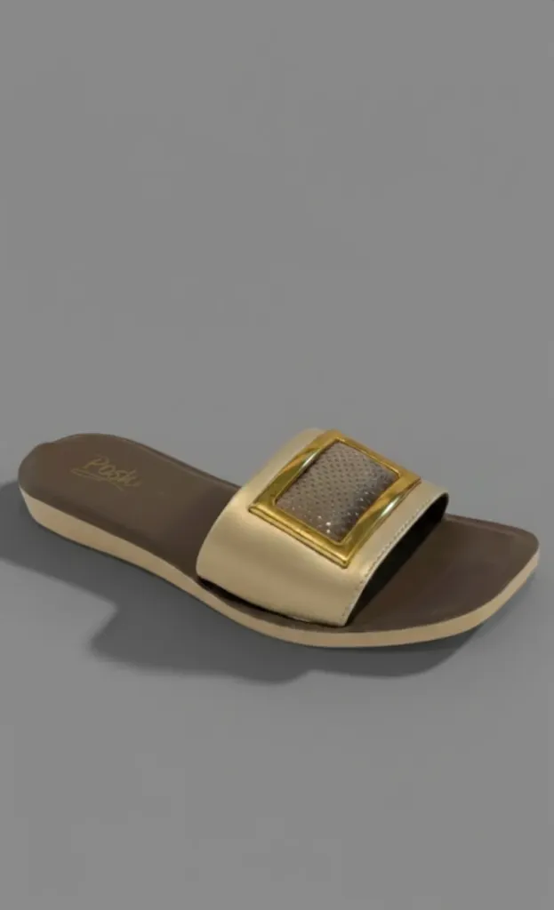 Buckle Decor Slides Champagne Gold Flat Slide Sandal "Posh" brand